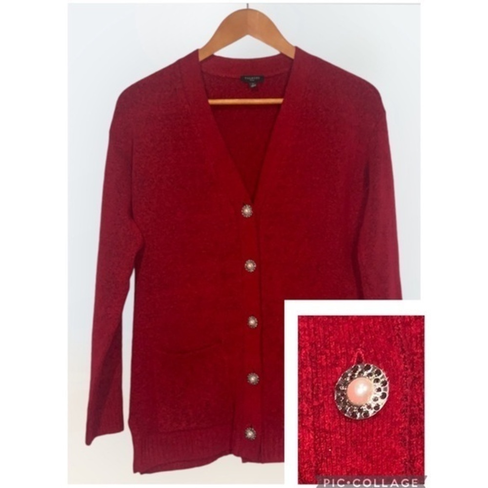 Talbots Red Alpaca Wool Blend Jeweled Buttons Cardigan Sweater Pockets Petite P